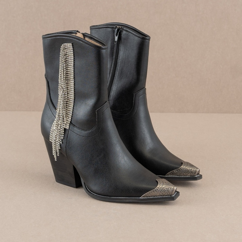 Rhinestone Fringe Western Boots with Etched Metal Toe - Oasis Society - Picture 2 of 9